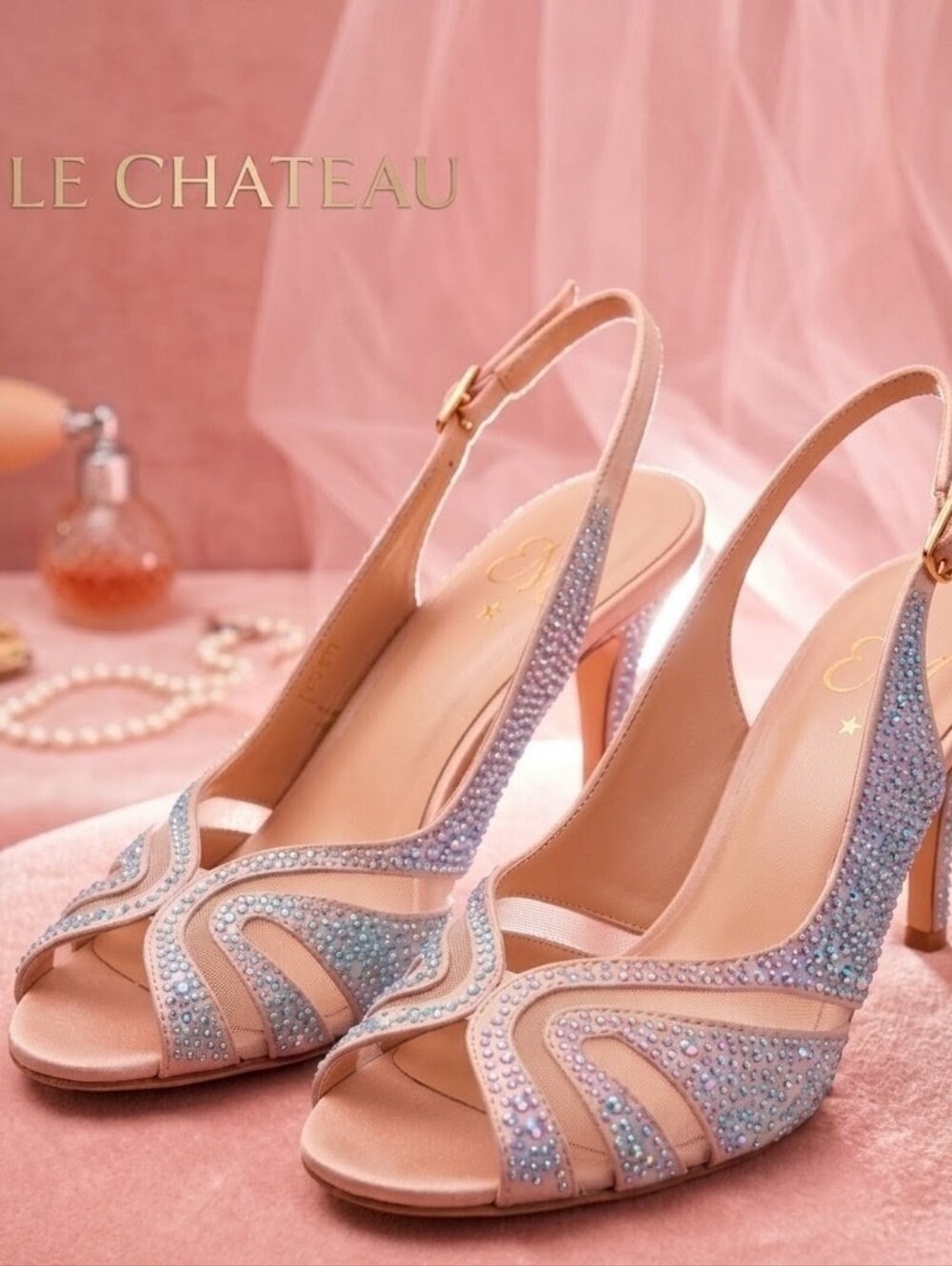 Embellished Nude Slingback Heels with Blue Crystal Accents, Le Chateau